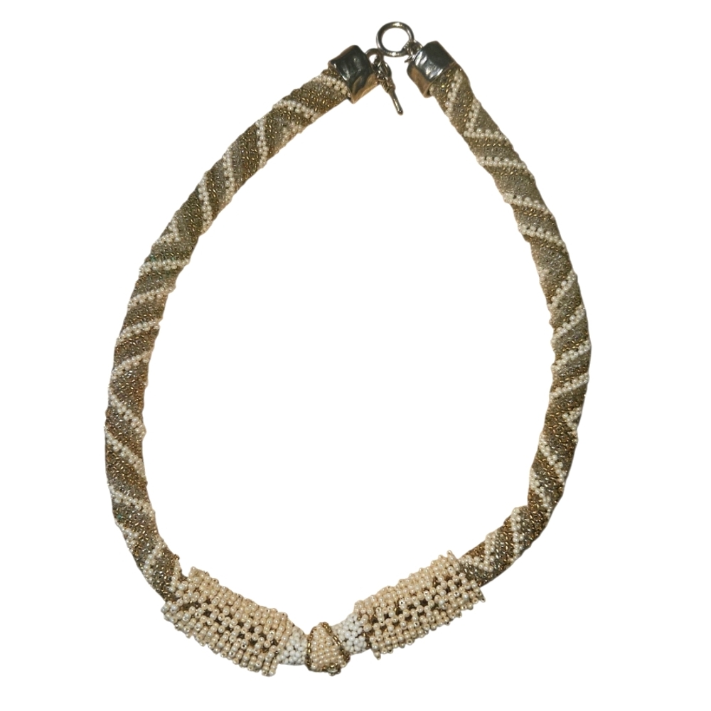 Original Handmade South African Gold and Cream Beaded Necklace